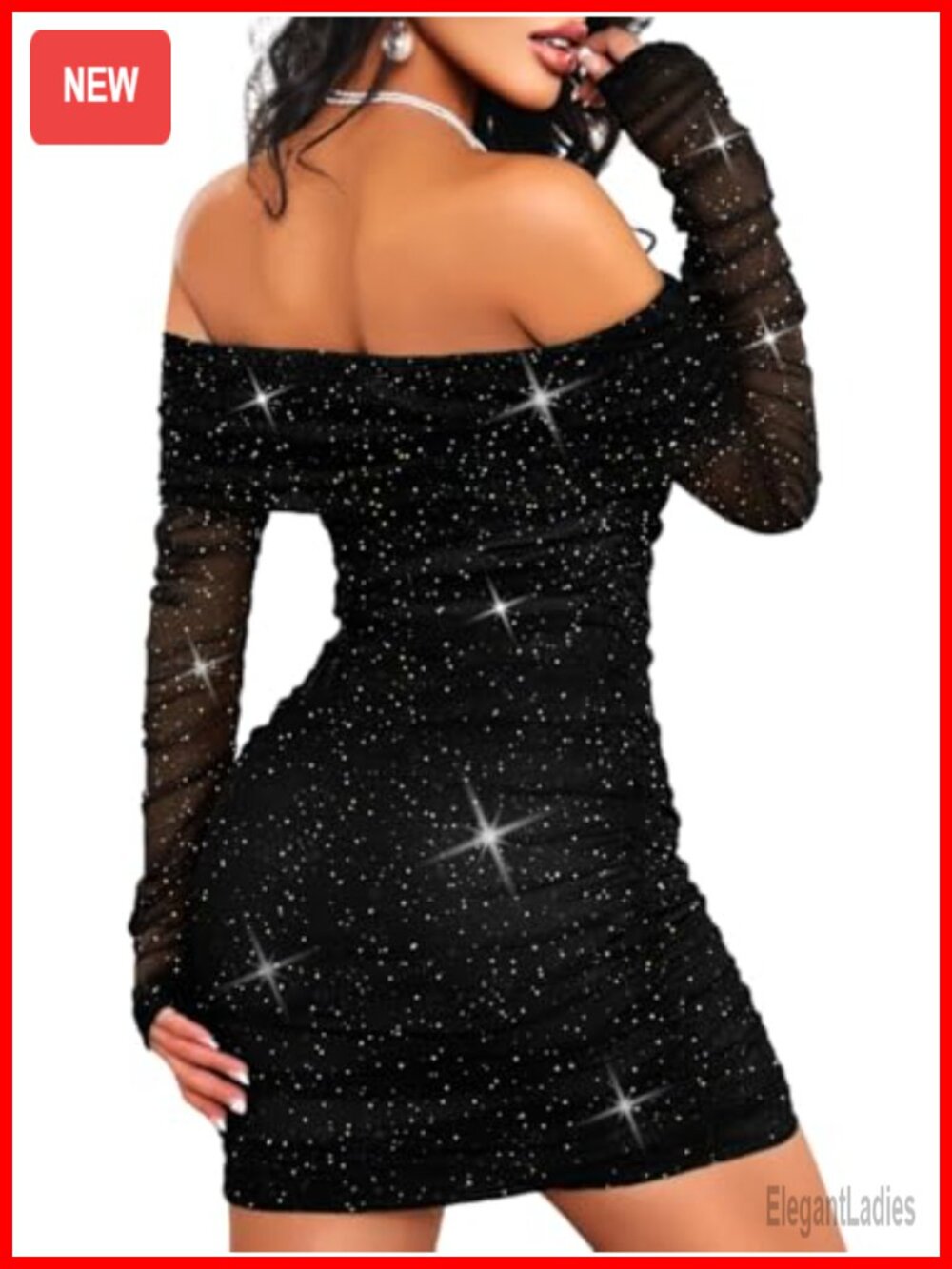 Kaei&Shi Off Shoulder Mesh Long Sleeve Ruched Bodycon Mini Dress